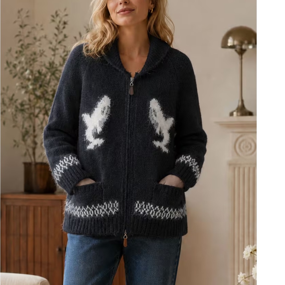 Soon! NEW 9/28 Boho Whale Black Zip-Front Shawl Collar Sweater